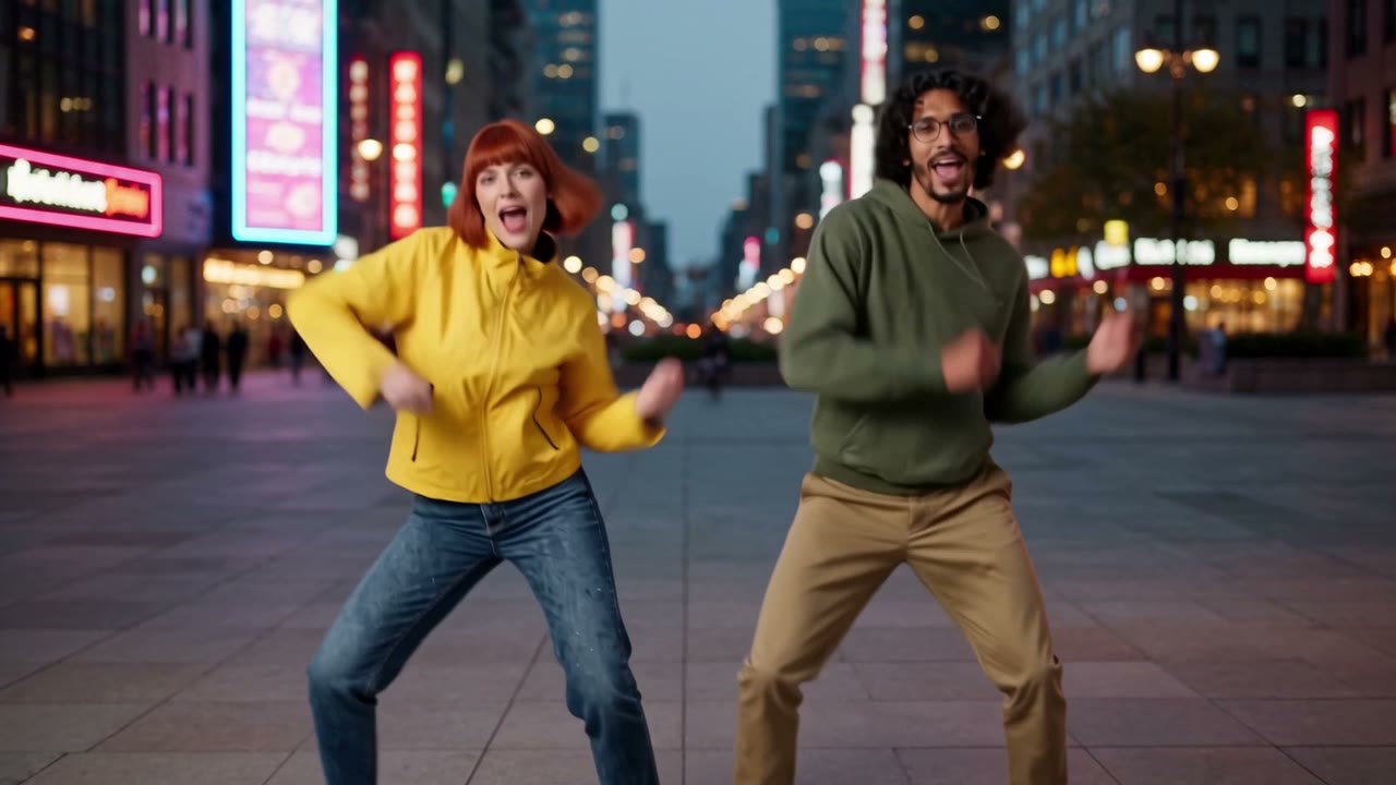 Two AI dancers wearing a yellow jacket and a green hoodie on a neon-lit street.